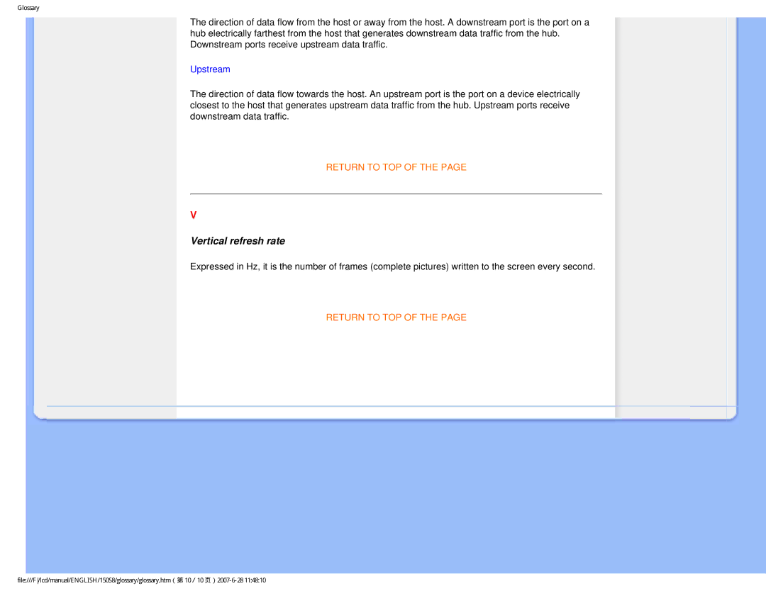 Philips 150S8 user manual Vertical refresh rate, Upstream 