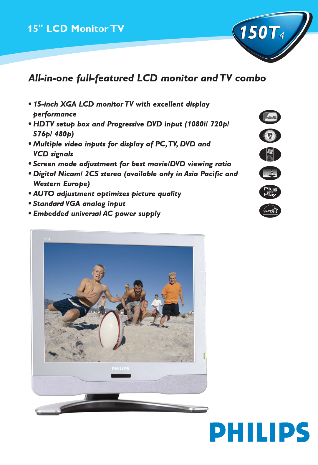 Philips manual 150T4, All-in-one full-featured LCD monitor and TV combo, LCD Monitor TV 