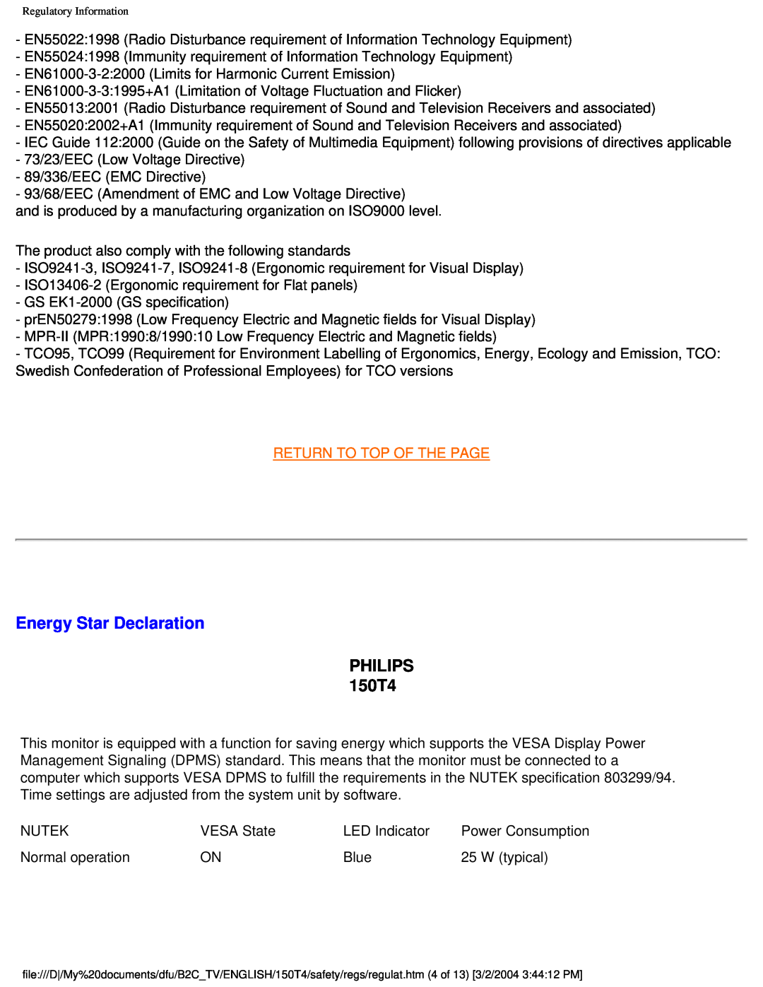Philips manual Energy Star Declaration, PHILIPS 150T4, Return To Top Of The Page 