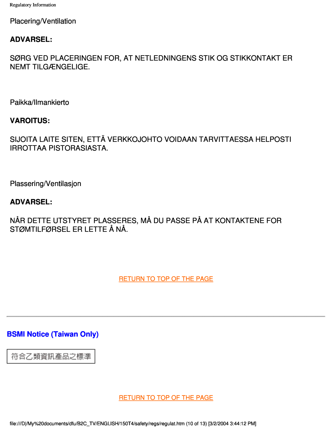 Philips 150T4 manual Advarsel, Varoitus, BSMI Notice Taiwan Only 