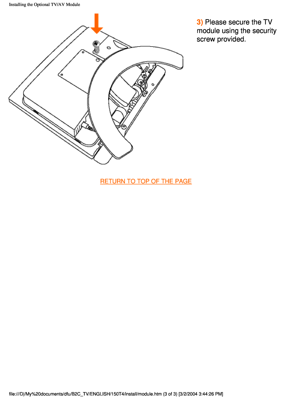 Philips 150T4 manual Please secure the TV module using the security screw provided, Return To Top Of The Page 