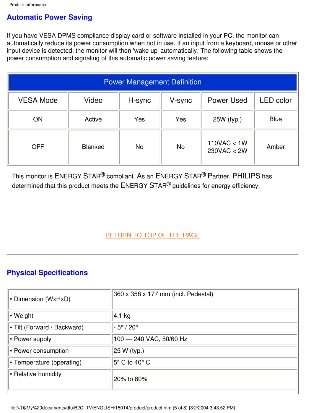 Philips 150T4 manual Automatic Power Saving, Sync, Physical Specifications 