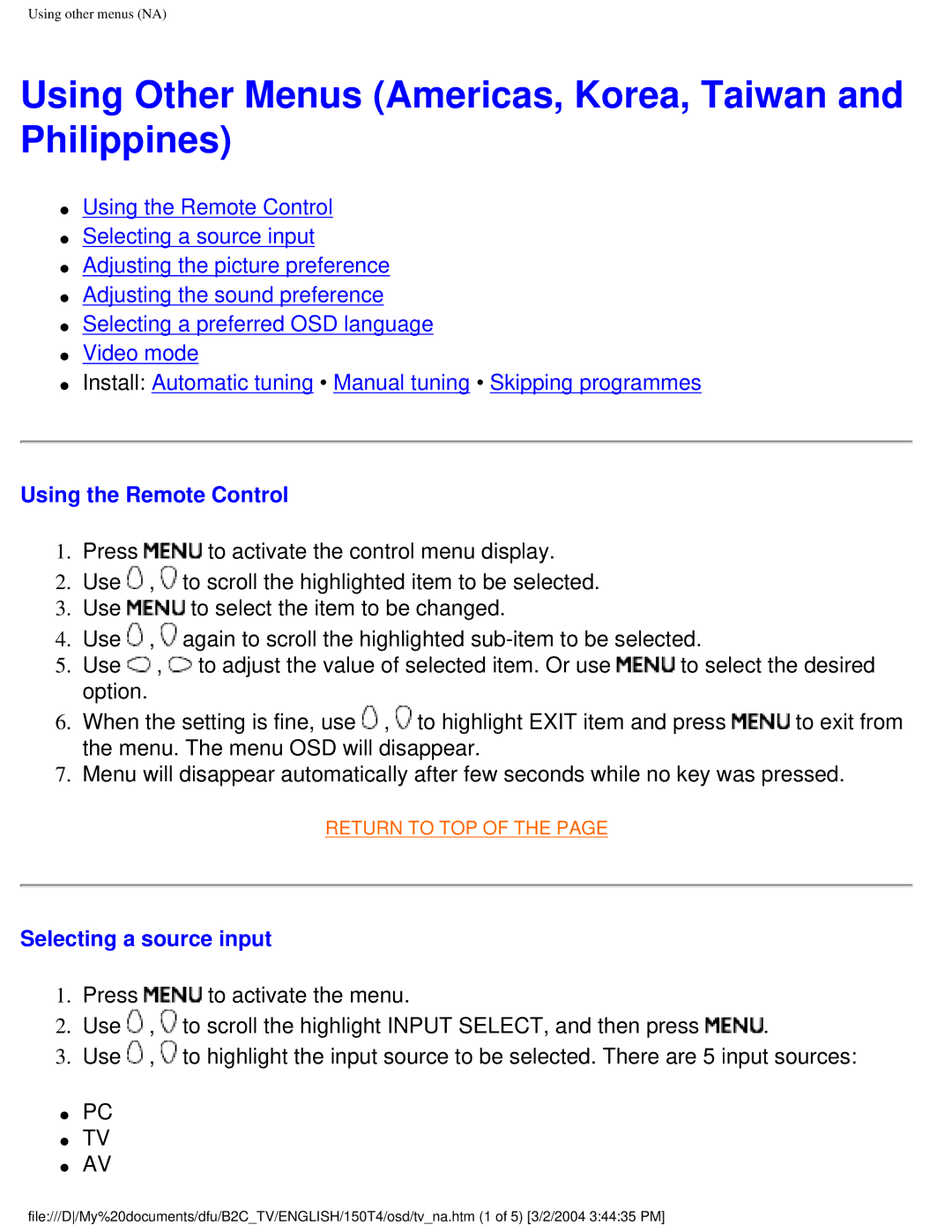 Philips 150T4 manual Using Other Menus Americas, Korea, Taiwan and Philippines, Using the Remote Control 