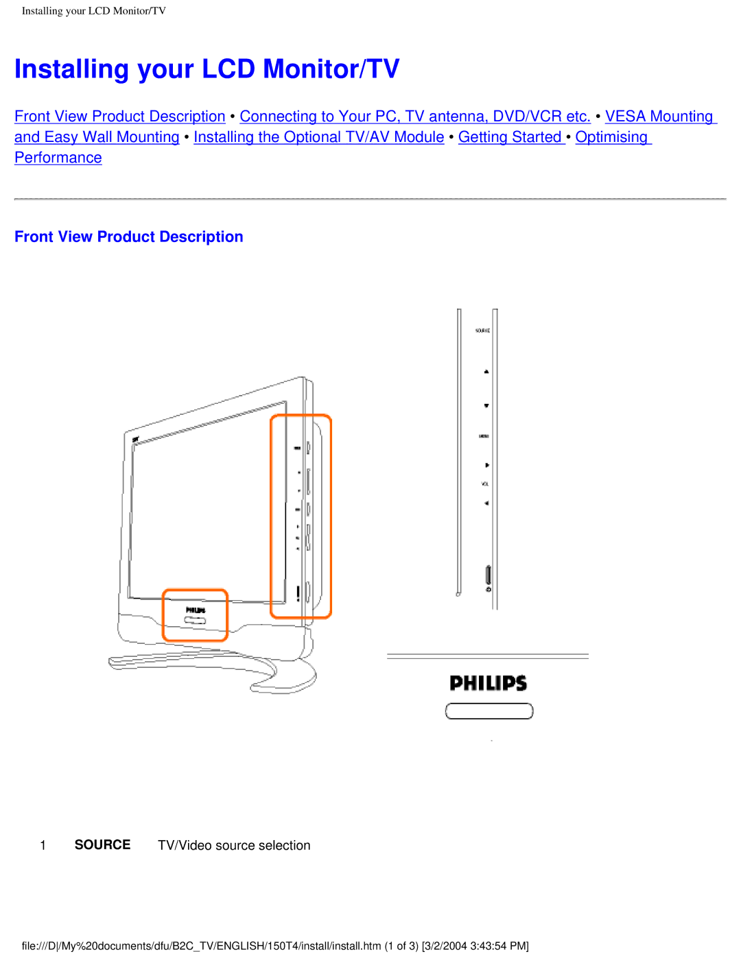 Philips 150T4 manual Installing your LCD Monitor/TV 