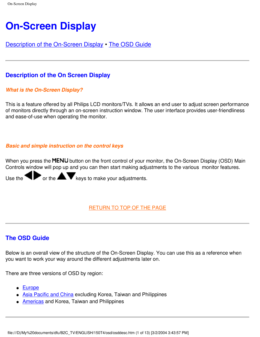 Philips 150T4 manual On-Screen Display, Description of the On Screen Display, OSD Guide 