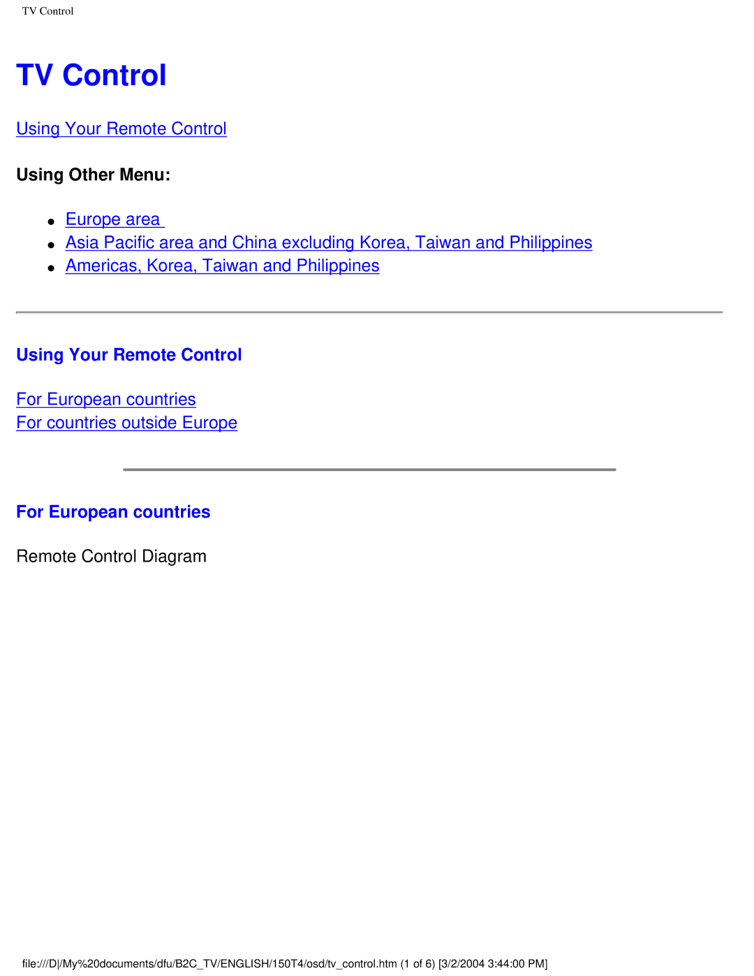 Philips 150T4 manual TV Control, Using Your Remote Control, For European countries, Remote Control Diagram 