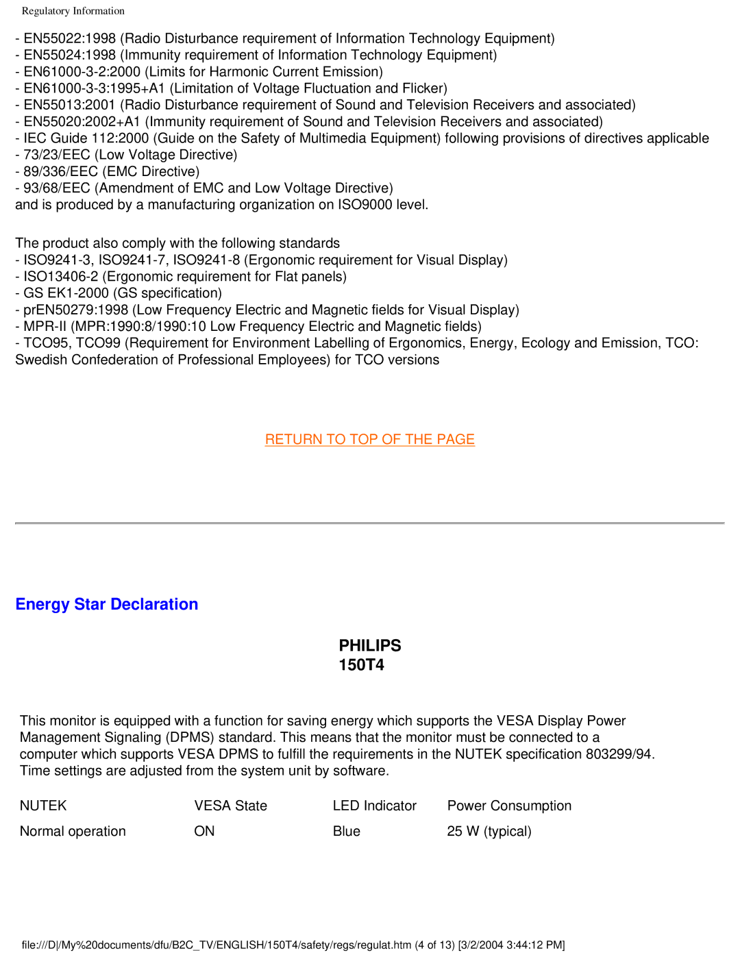 Philips manual Energy Star Declaration, Philips 150T4 