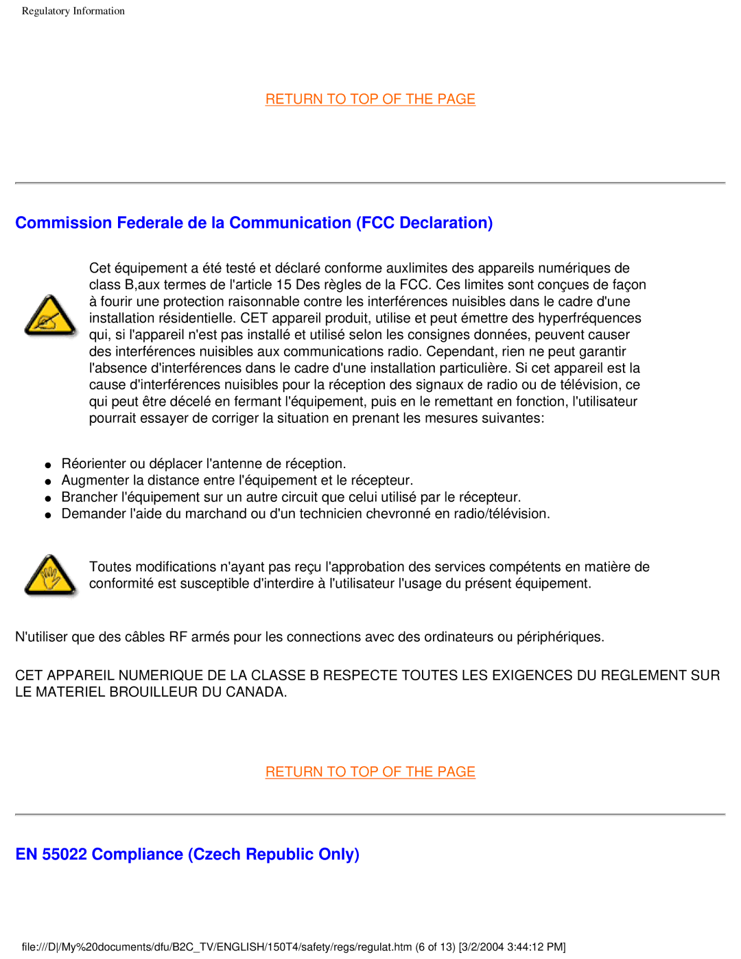 Philips 150T4 manual Commission Federale de la Communication FCC Declaration, EN 55022 Compliance Czech Republic Only 