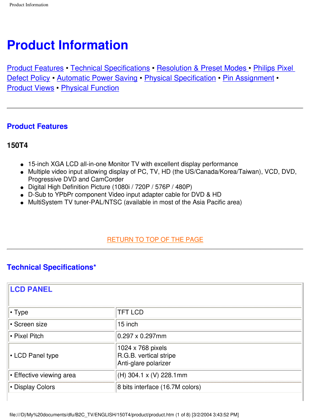 Philips 150T4 manual Product Information, Product Features, Technical Specifications 