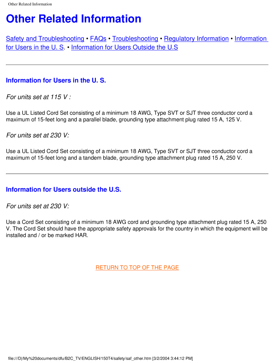 Philips 150T4 manual Other Related Information, Information for Users in the U. S, Information for Users outside the U.S 