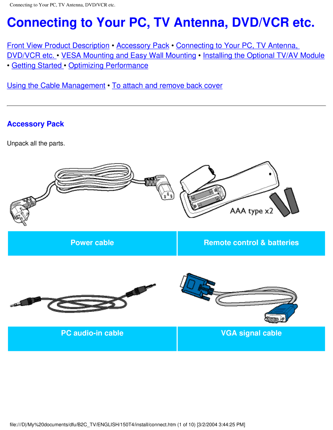 Philips 150T4 manual Connecting to Your PC, TV Antenna, DVD/VCR etc, Accessory Pack 