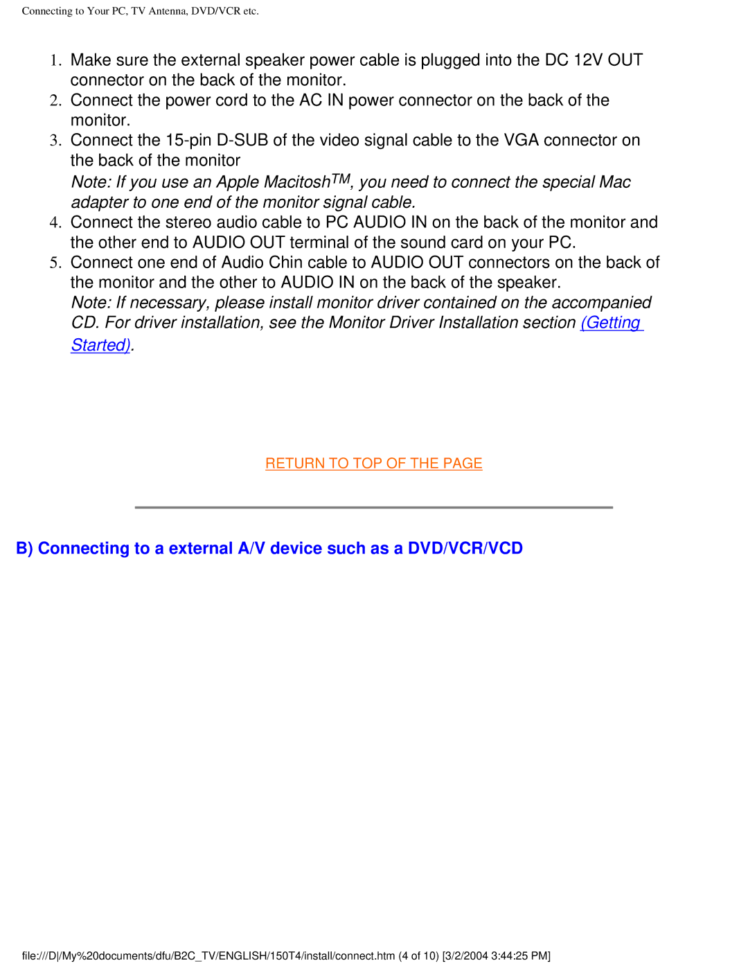 Philips 150T4 manual Connecting to a external A/V device such as a DVD/VCR/VCD 