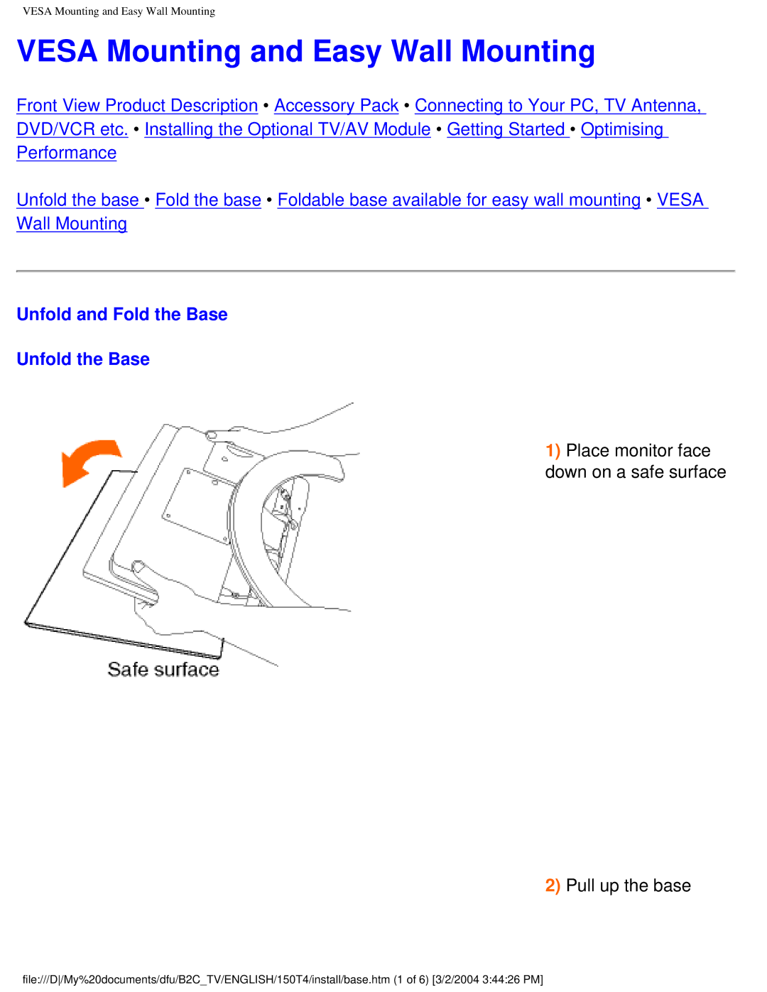 Philips 150T4 manual Vesa Mounting and Easy Wall Mounting, Unfold and Fold the Base Unfold the Base 