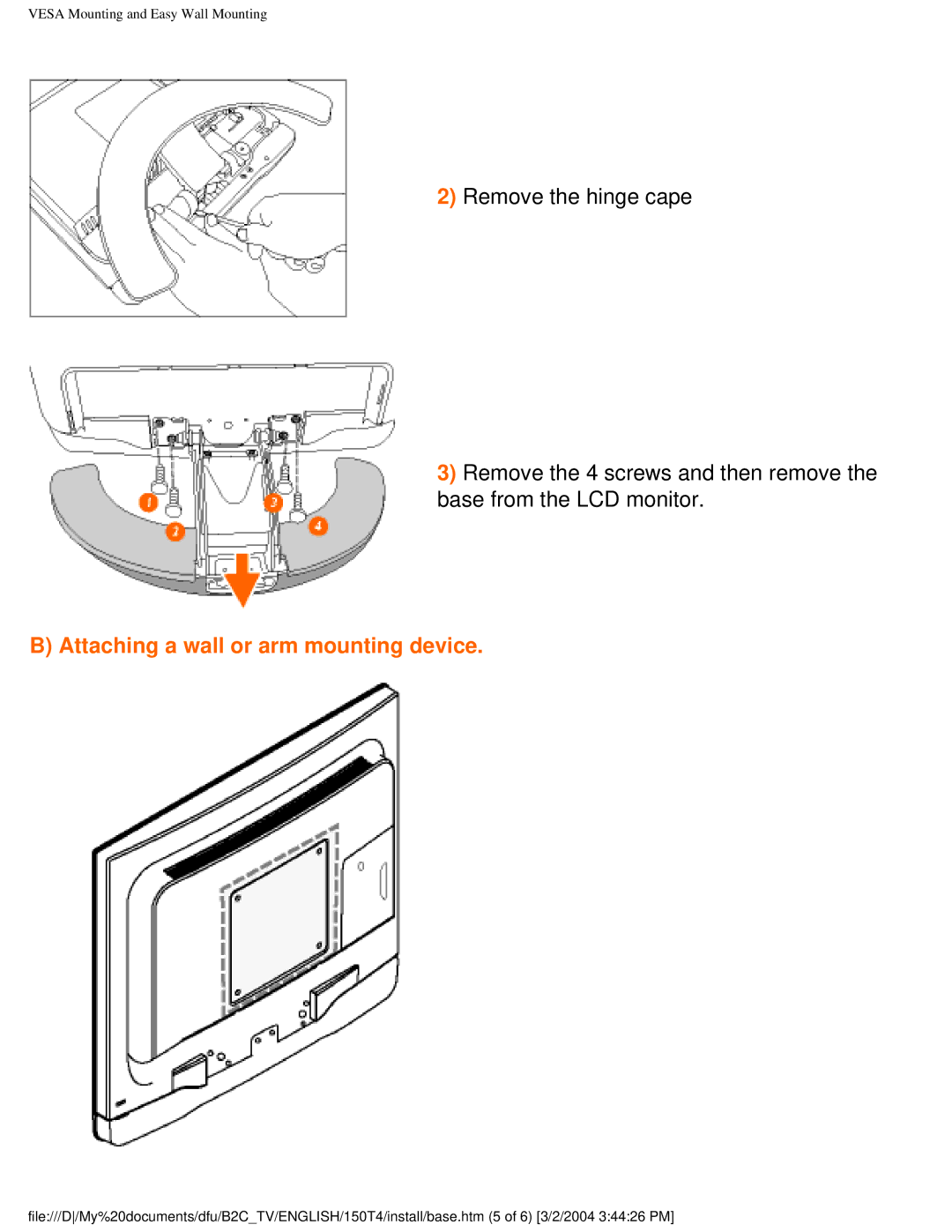 Philips 150T4 manual Attaching a wall or arm mounting device 