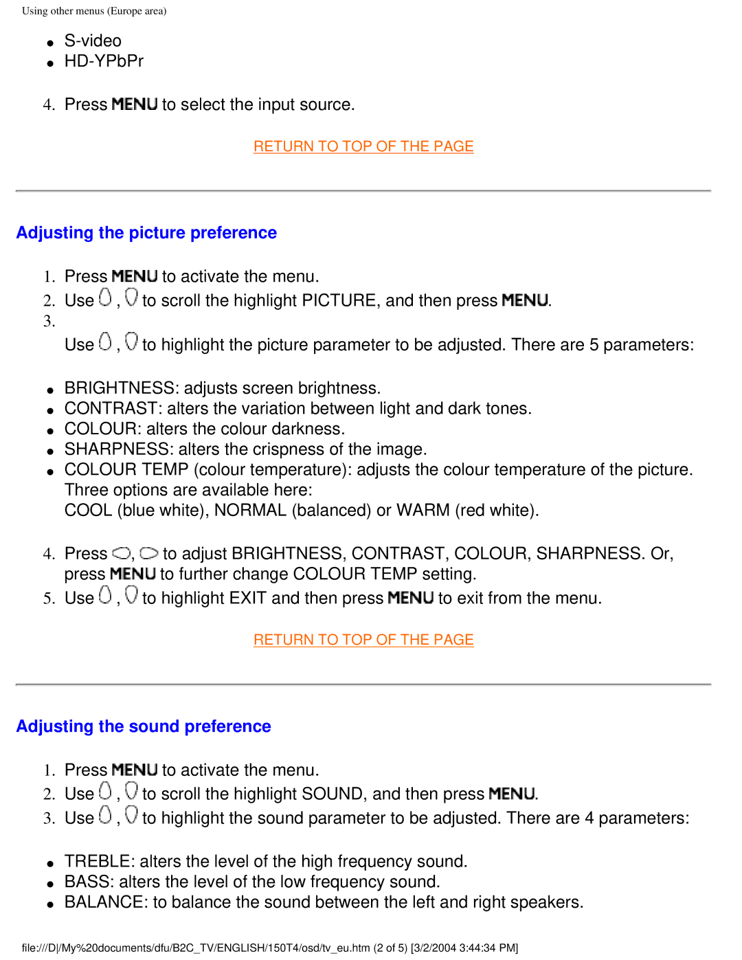 Philips 150T4 manual Video HD-YPbPr Press to select the input source, Adjusting the picture preference 