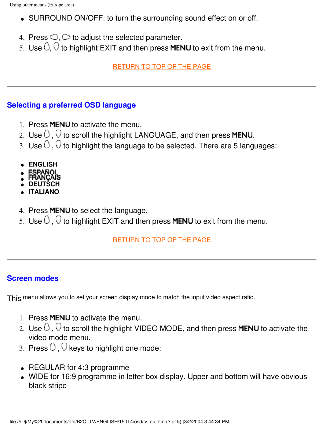 Philips 150T4 manual Selecting a preferred OSD language, Screen modes 