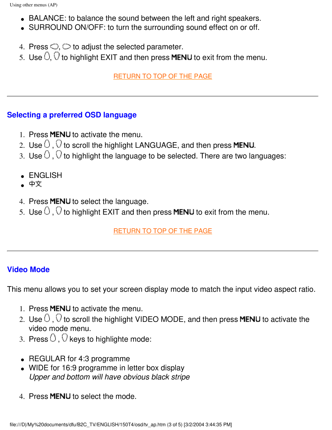 Philips 150T4 manual Video Mode, Press to select the mode 