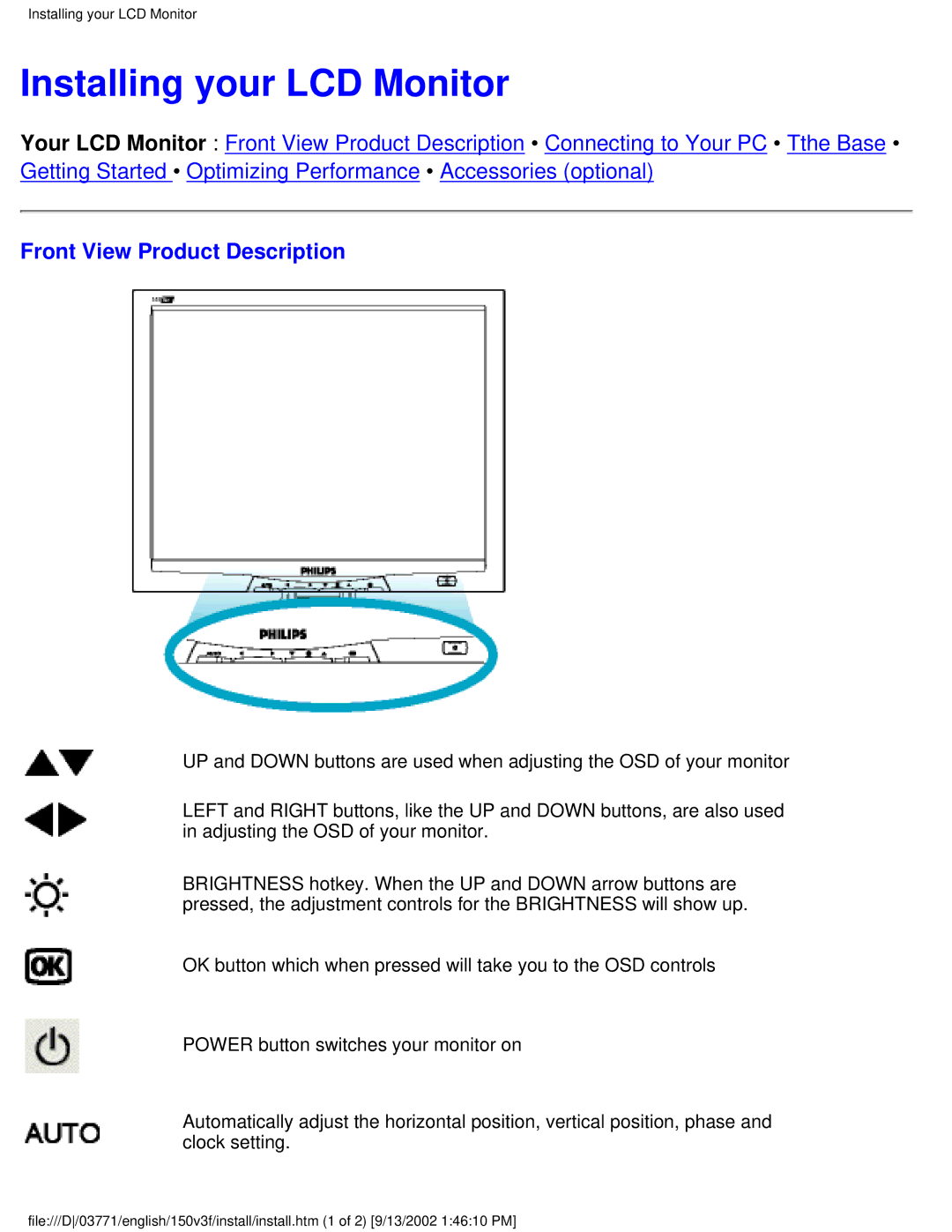 Philips 150V3F user manual Installing your LCD Monitor, Front View Product Description 