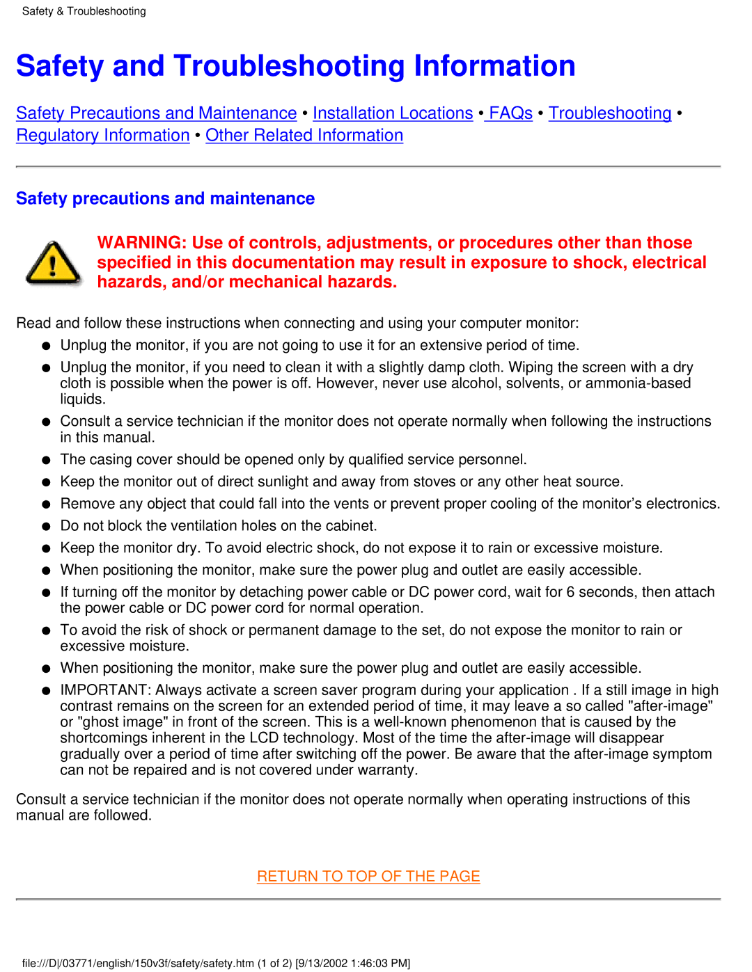 Philips 150V3F user manual Safety and Troubleshooting Information, Safety precautions and maintenance 