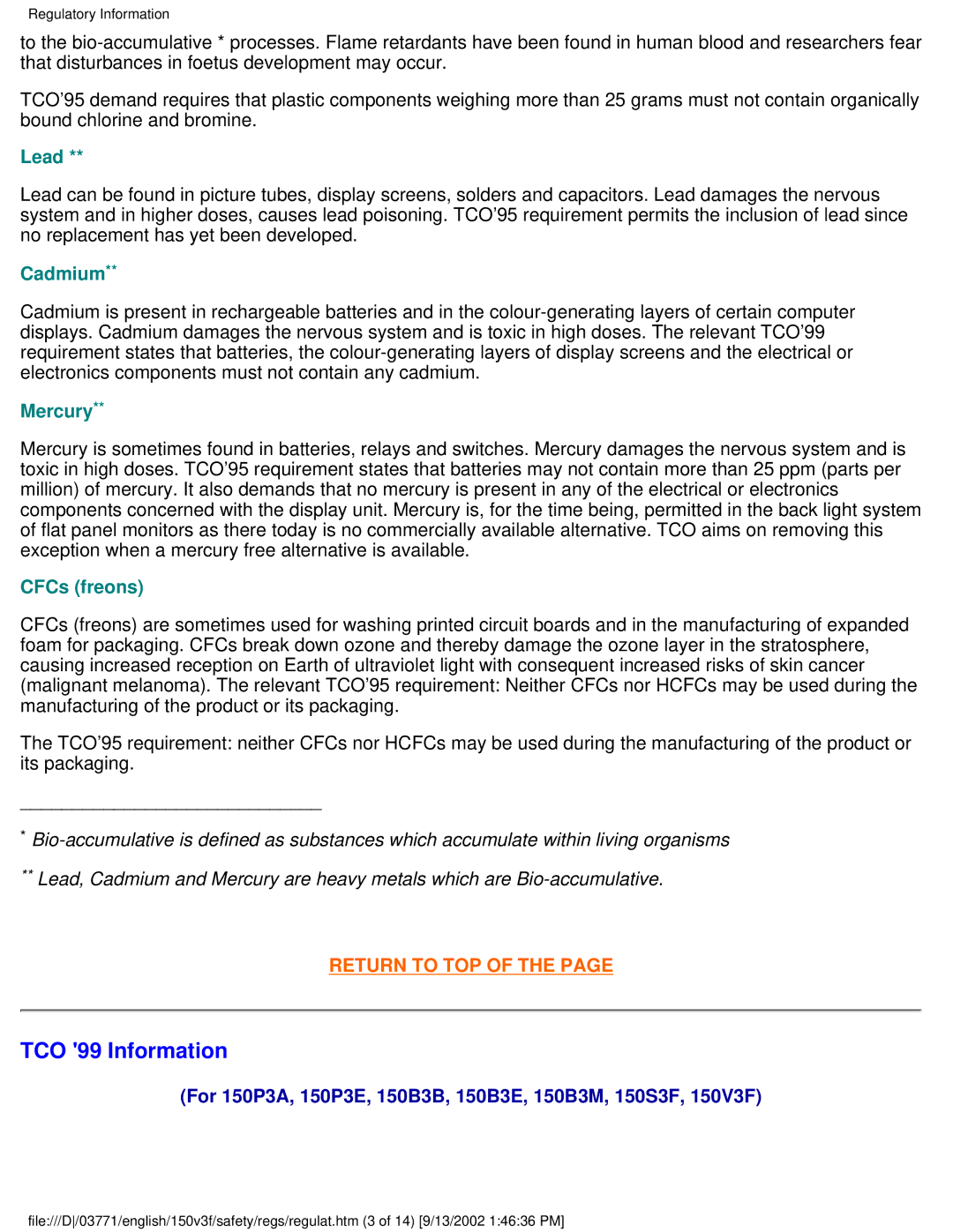 Philips 150V3F user manual TCO 99 Information, Lead 