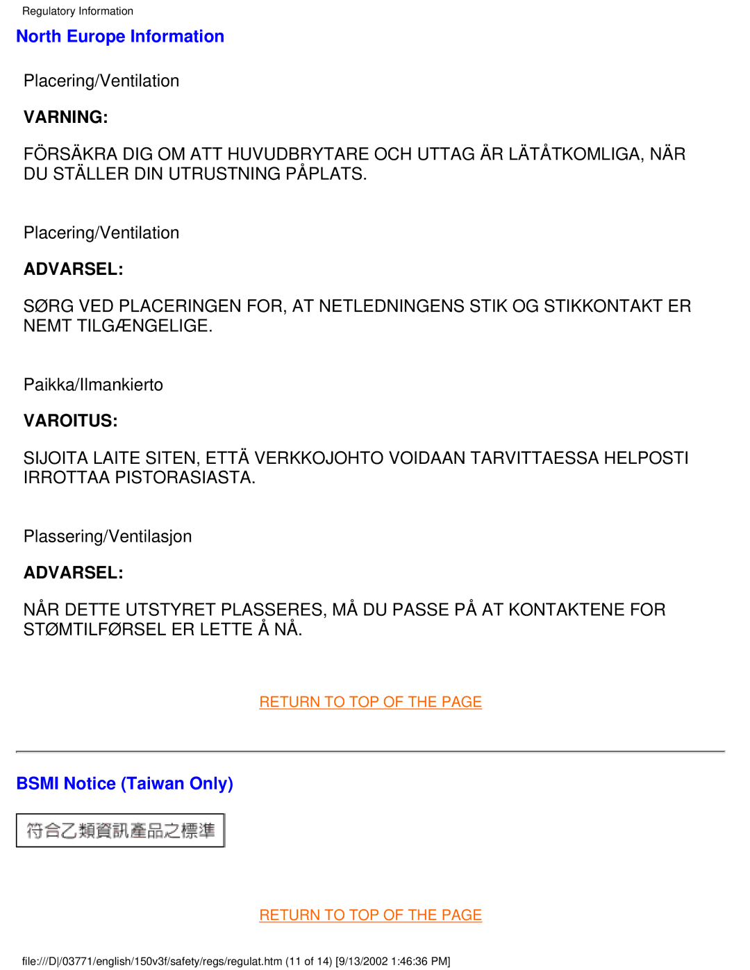 Philips 150V3F user manual North Europe Information, Placering/Ventilation, Paikka/Ilmankierto, Plassering/Ventilasjon 