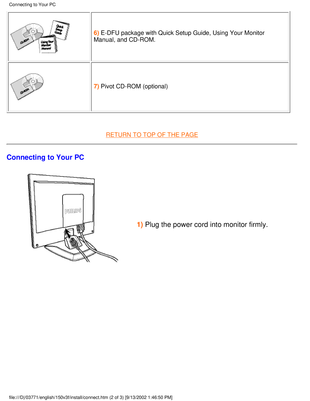 Philips 150V3F user manual Connecting to Your PC, Plug the power cord into monitor firmly 