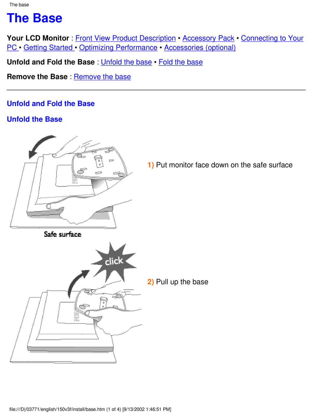 Philips 150V3F Unfold and Fold the Base Unfold the Base, Put monitor face down on the safe surface Pull up the base 