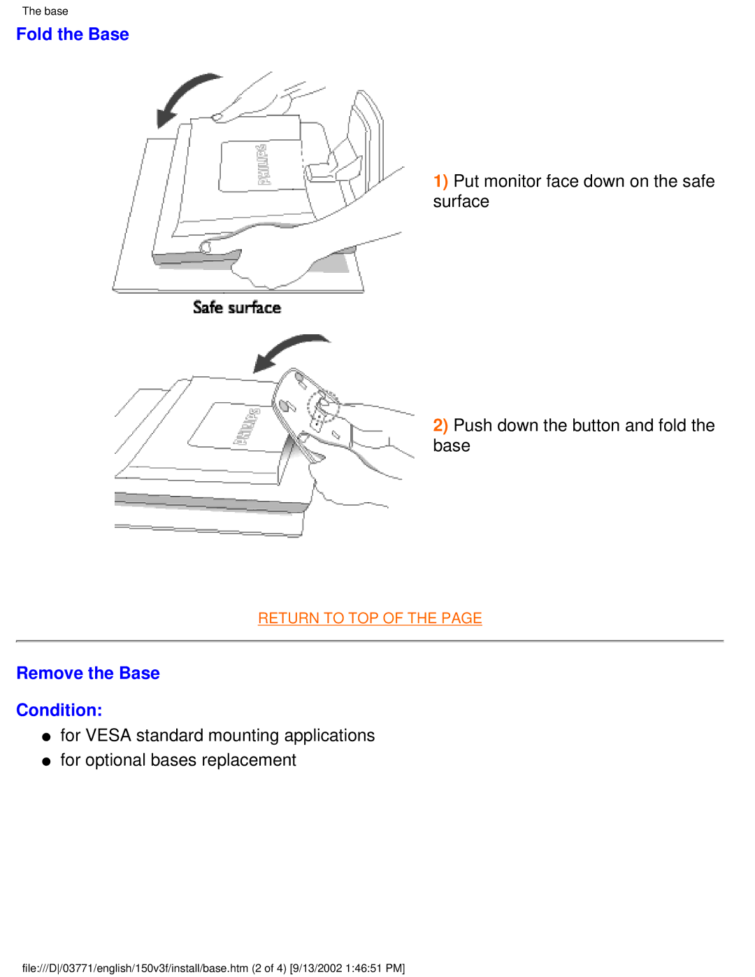 Philips 150V3F user manual Fold the Base, Remove the Base Condition 