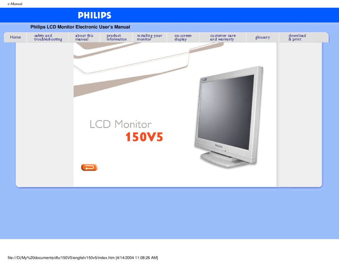 Philips 150V5 user manual Philips LCD Monitor Electronic User’s Manual 