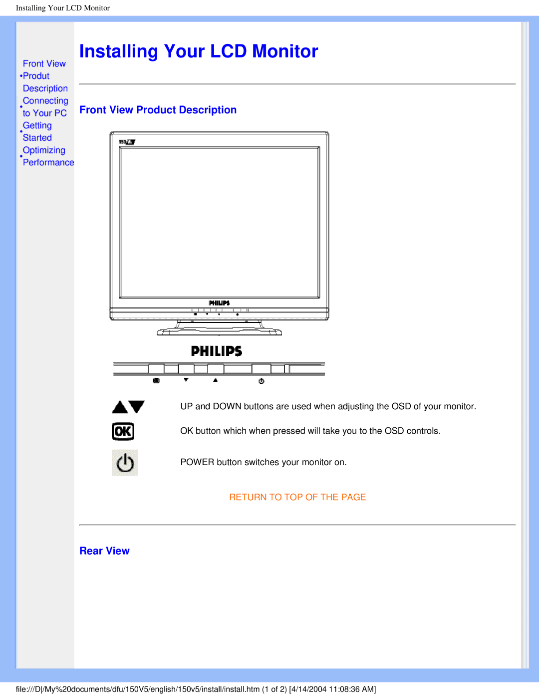 Philips 150V5 user manual Front View Product Description, Rear View 