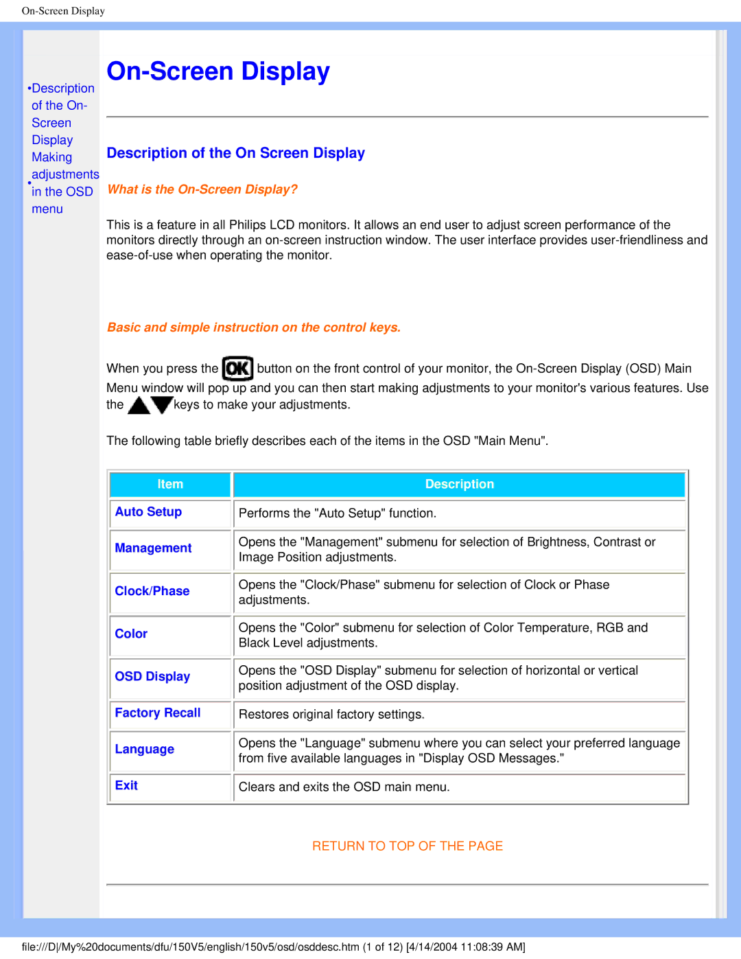 Philips 150V5 user manual On-Screen Display, Description of the On Screen Display 