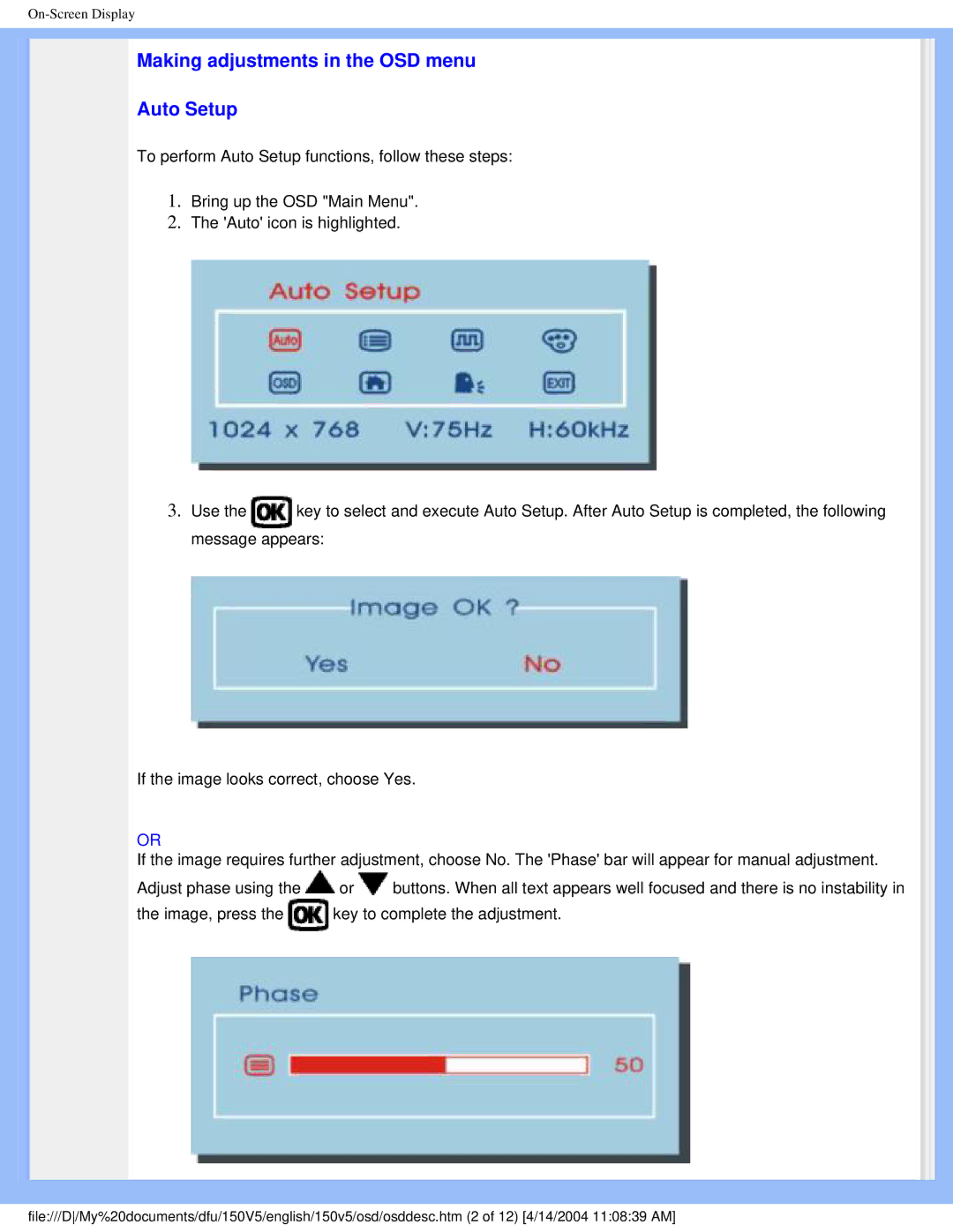 Philips 150V5 user manual Making adjustments in the OSD menu Auto Setup 