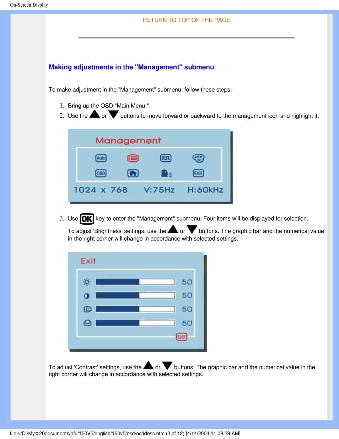 Philips 150V5 user manual Making adjustments in the Management submenu 