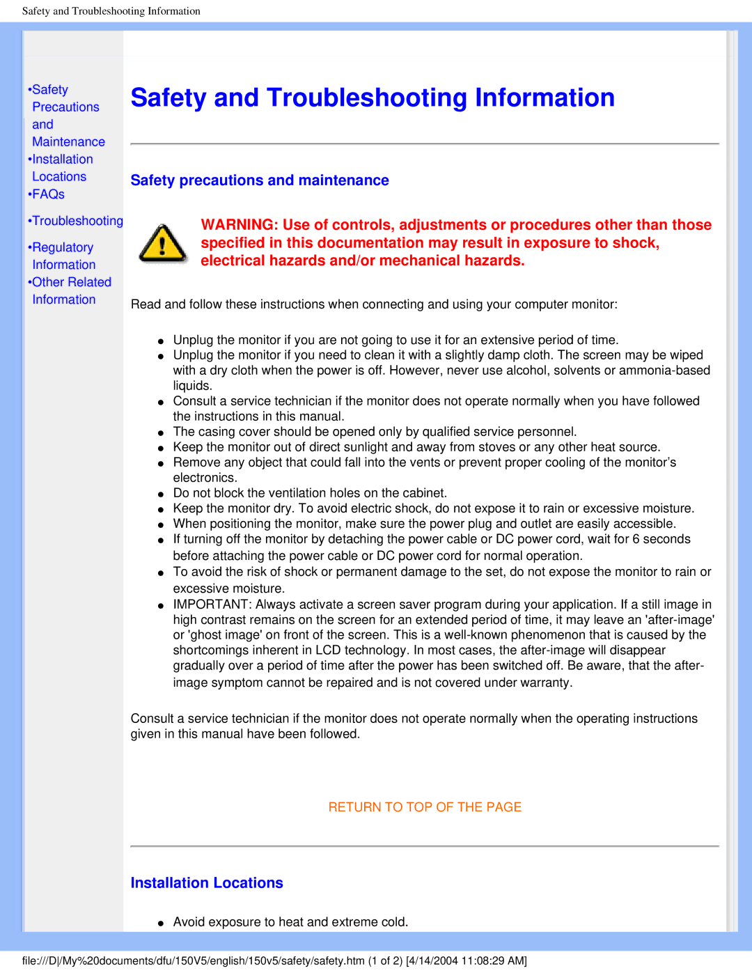 Philips 150V5 user manual Safety precautions and maintenance, Installation Locations 