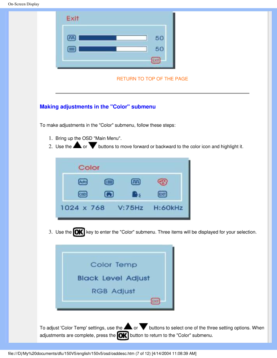 Philips 150V5 user manual Making adjustments in the Color submenu 