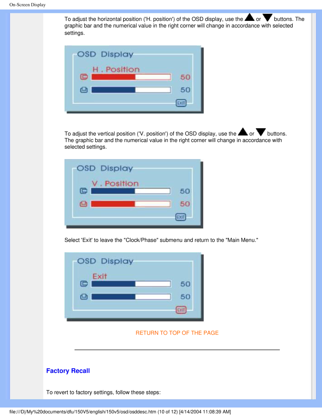 Philips 150V5 user manual Factory Recall, To revert to factory settings, follow these steps 