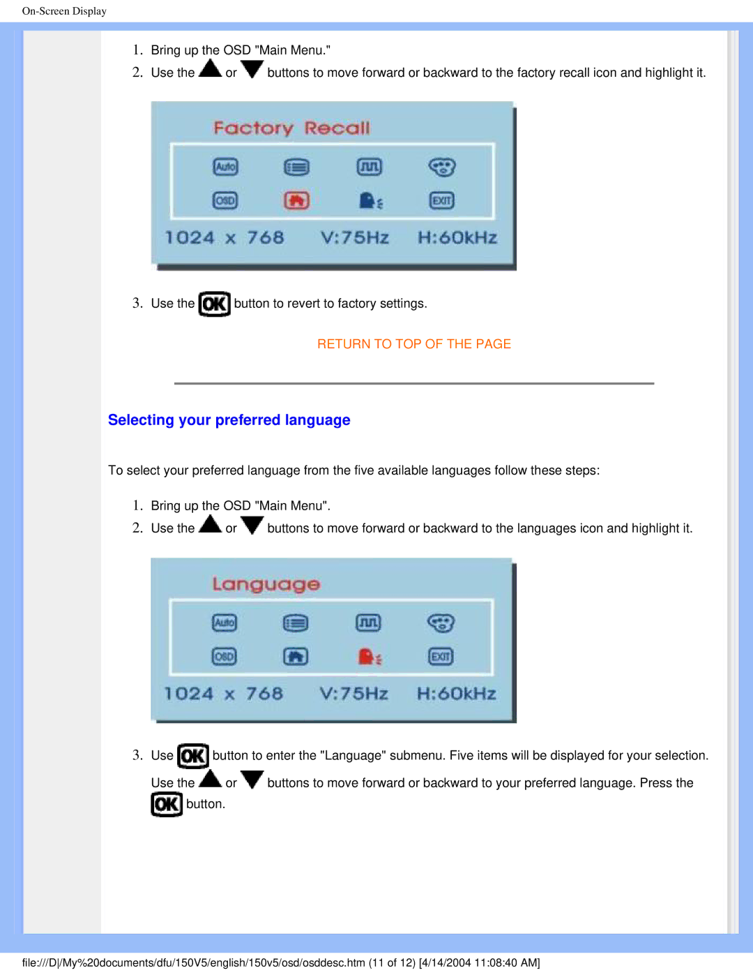 Philips 150V5 user manual Selecting your preferred language 