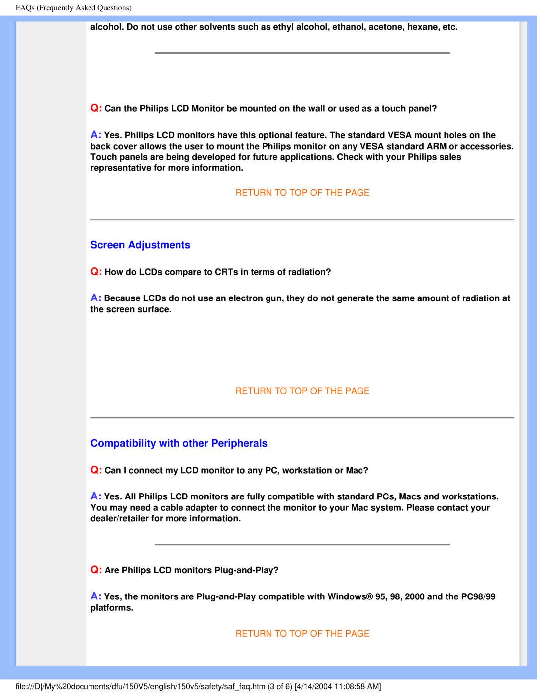 Philips 150V5 user manual Screen Adjustments, Compatibility with other Peripherals 