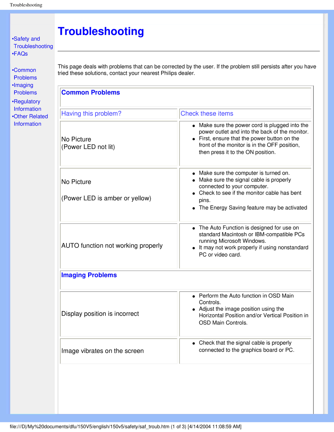 Philips 150V5 user manual Common Problems, Imaging Problems 