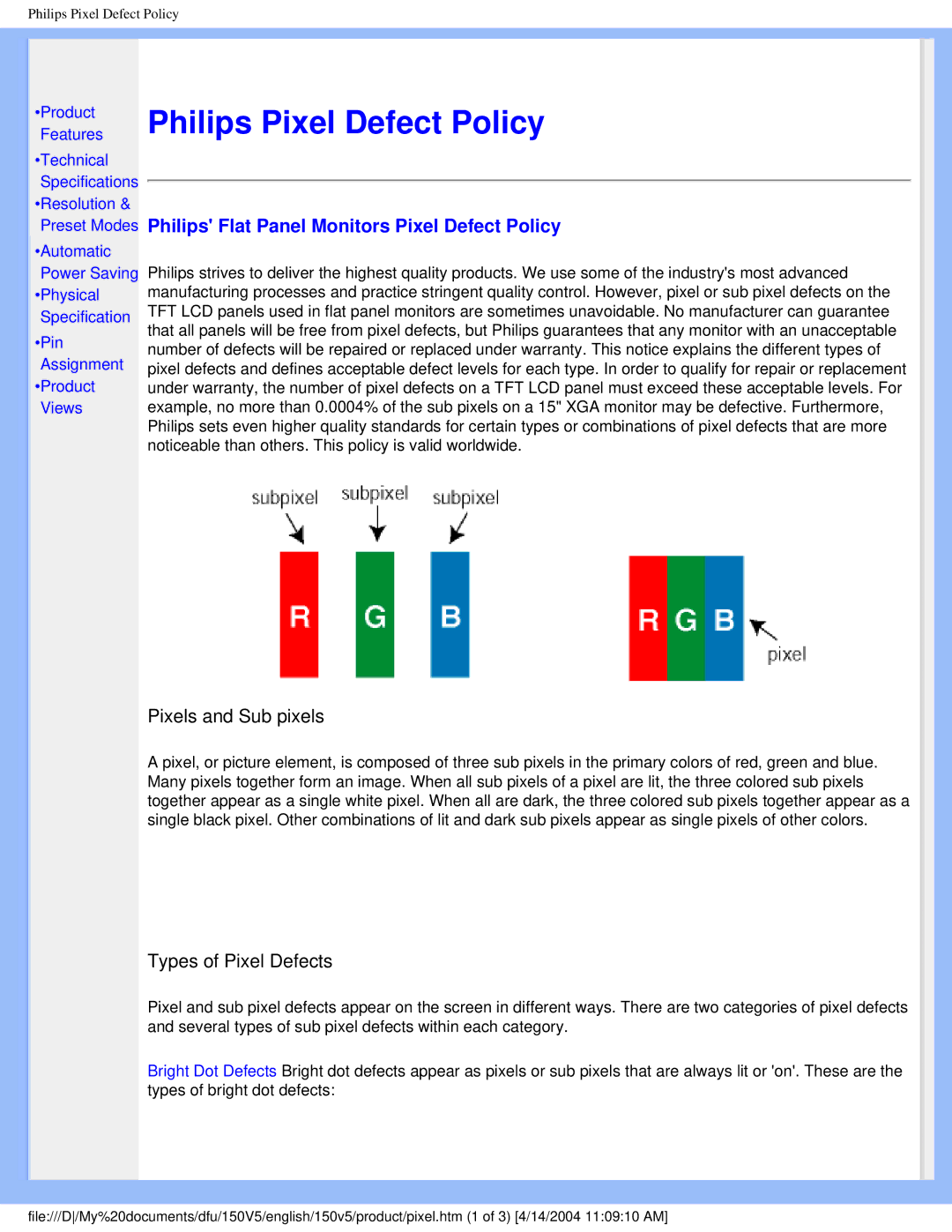 Philips 150V5 user manual Philips Pixel Defect Policy, Philips Flat Panel Monitors Pixel Defect Policy 