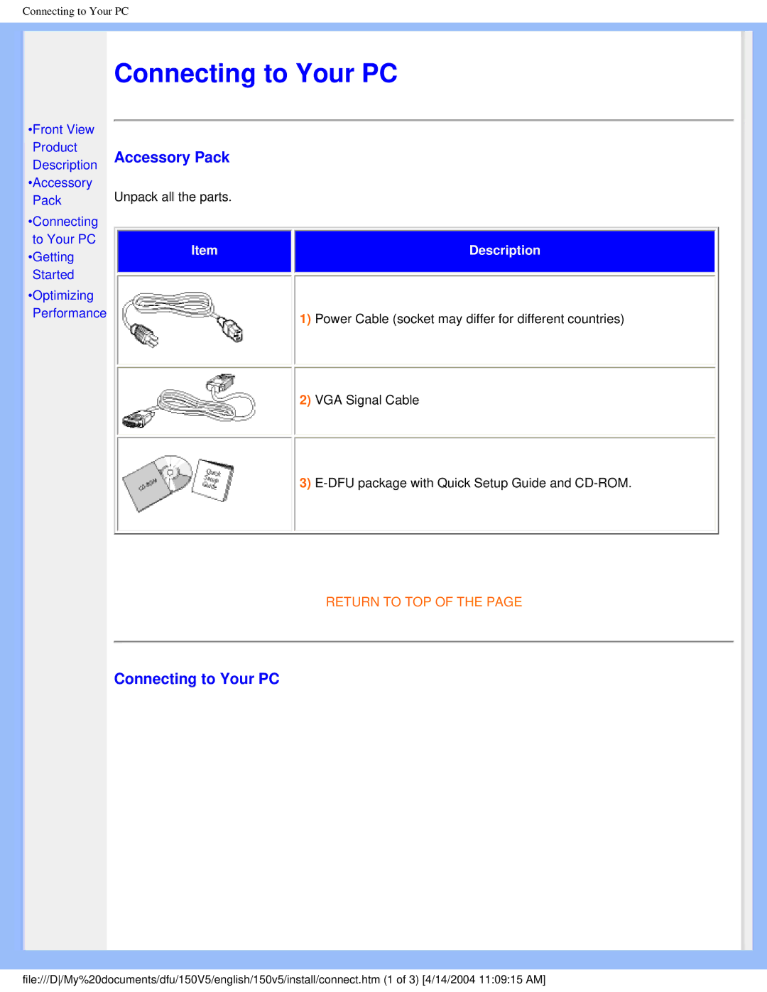 Philips 150V5 user manual Accessory Pack, Connecting to Your PC 