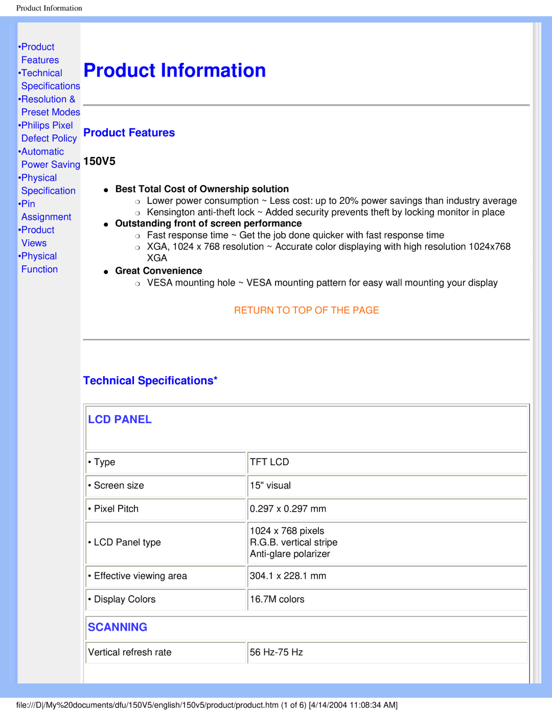 Philips 150V5 user manual Product Information 