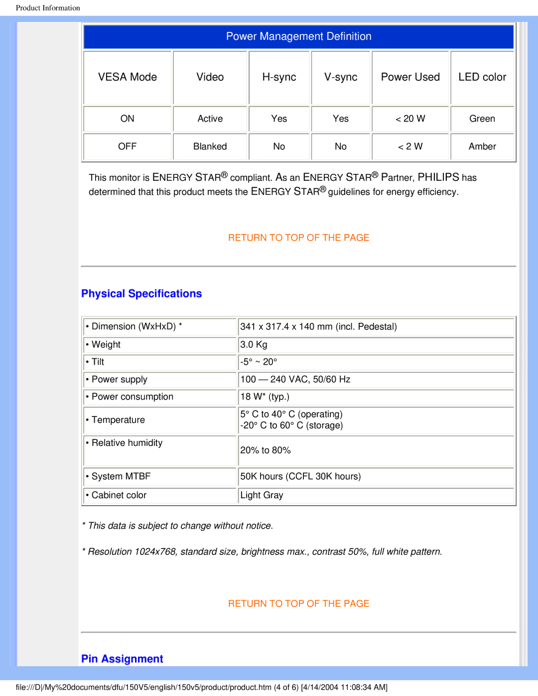 Philips 150V5 user manual Physical Specifications 