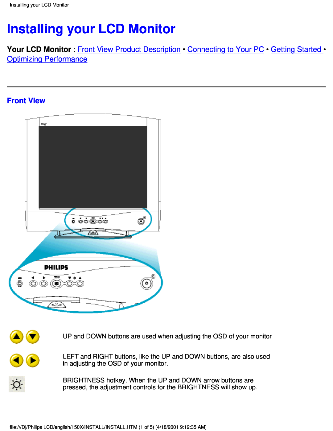 Philips 150X user manual Front View, Installing your LCD Monitor 