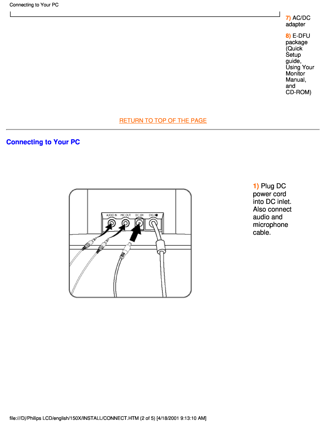 Philips 150X user manual Connecting to Your PC, 7 AC/DC adapter, Return To Top Of The Page 
