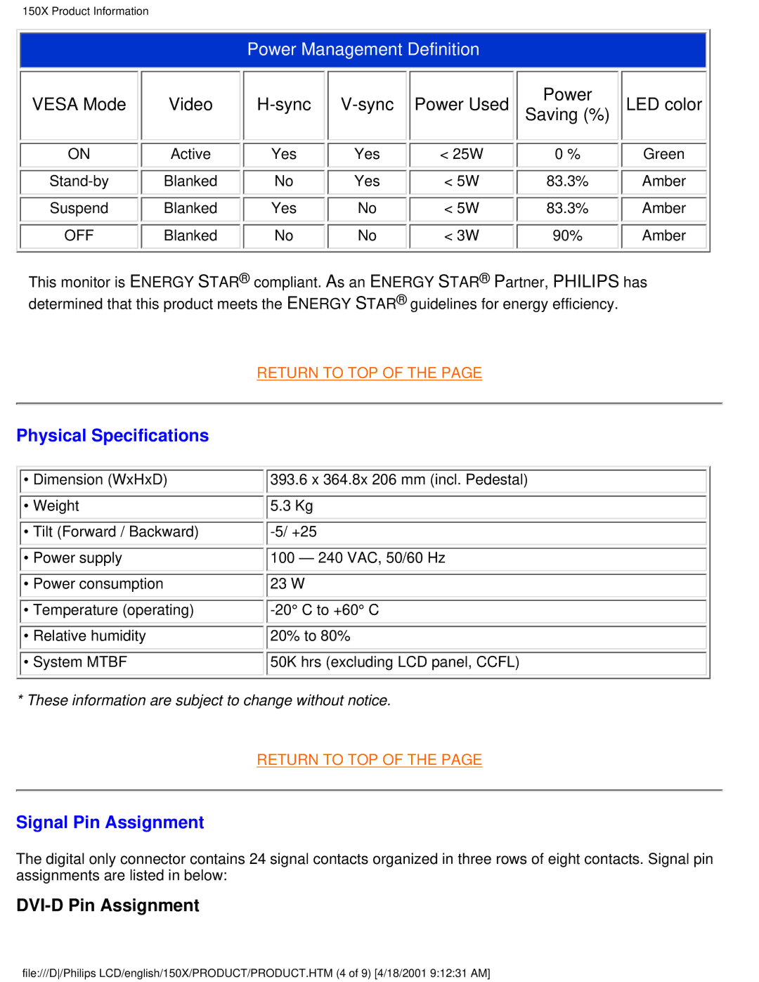 Philips 150X user manual Physical Specifications, Signal Pin Assignment 