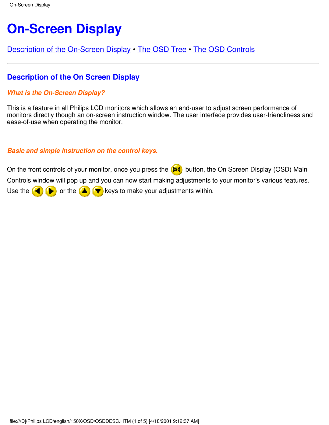 Philips 150X user manual On-Screen Display, Description of the On Screen Display 