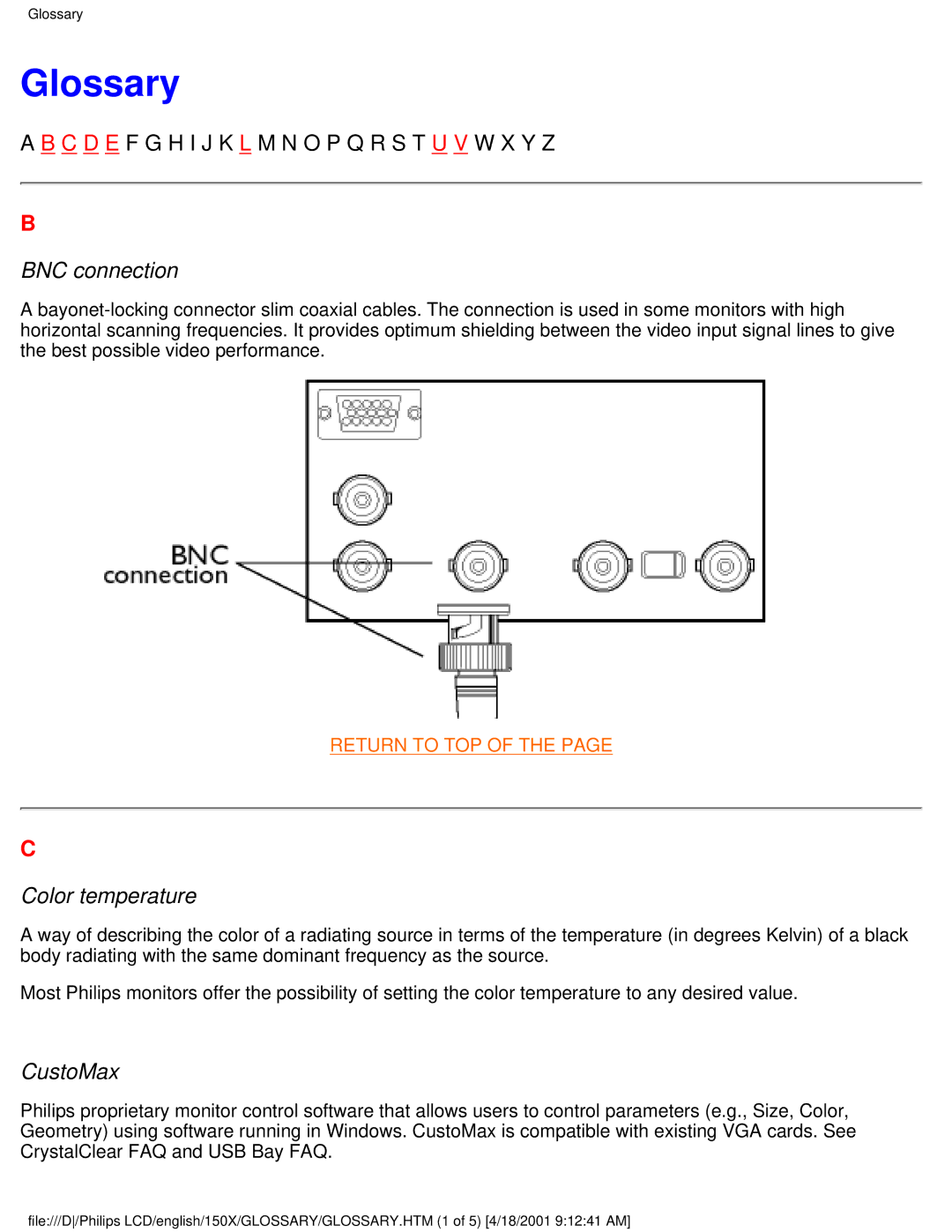 Philips 150X user manual Glossary, BNC connection 