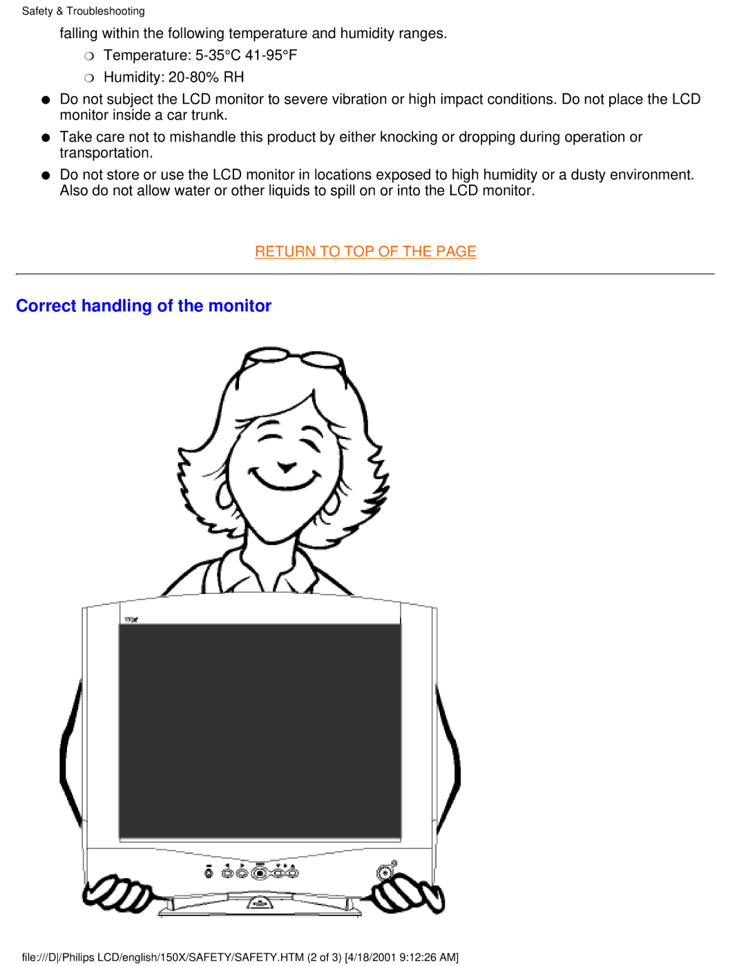 Philips 150X user manual Correct handling of the monitor 