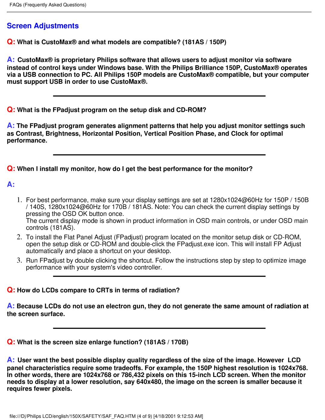 Philips 150X user manual Screen Adjustments 